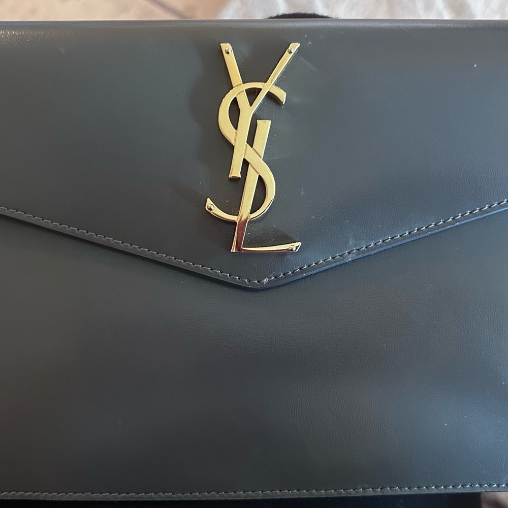Authentic YSL charcoal Leather Uptown Clutch